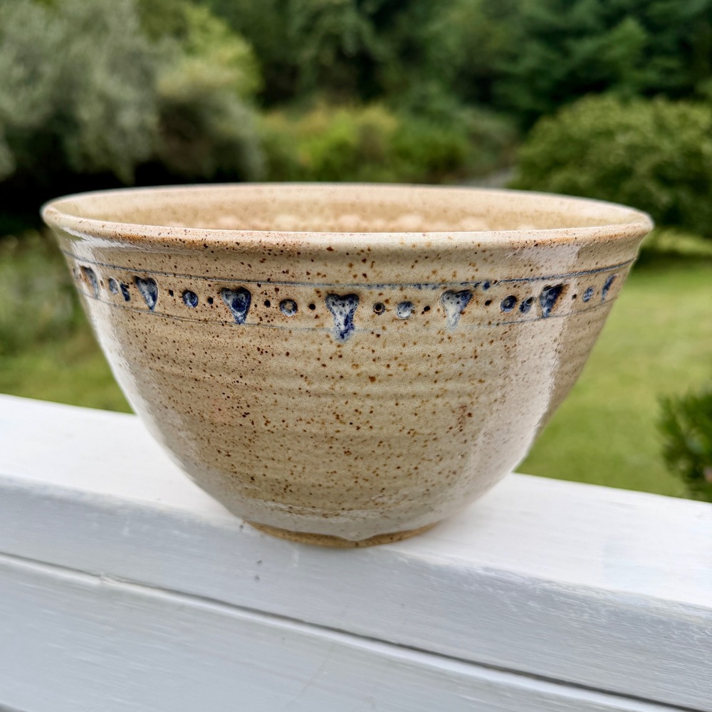 Handmade Studio Pottery Bowl Tan Blue Heart Speckled Glaze Rustic Stoneware